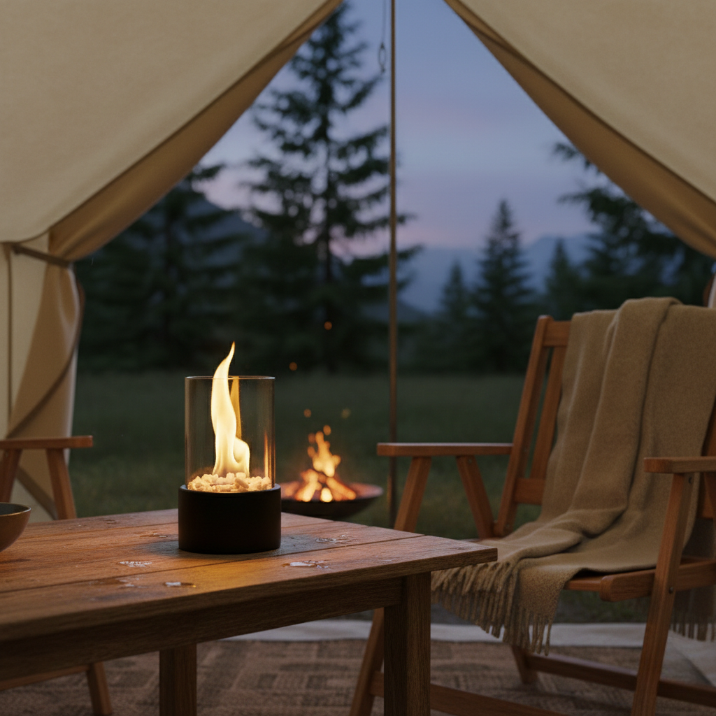 Sleek Flame Tabletop Fireplace – Stylish Black Metal Base for Outdoor and Living Room