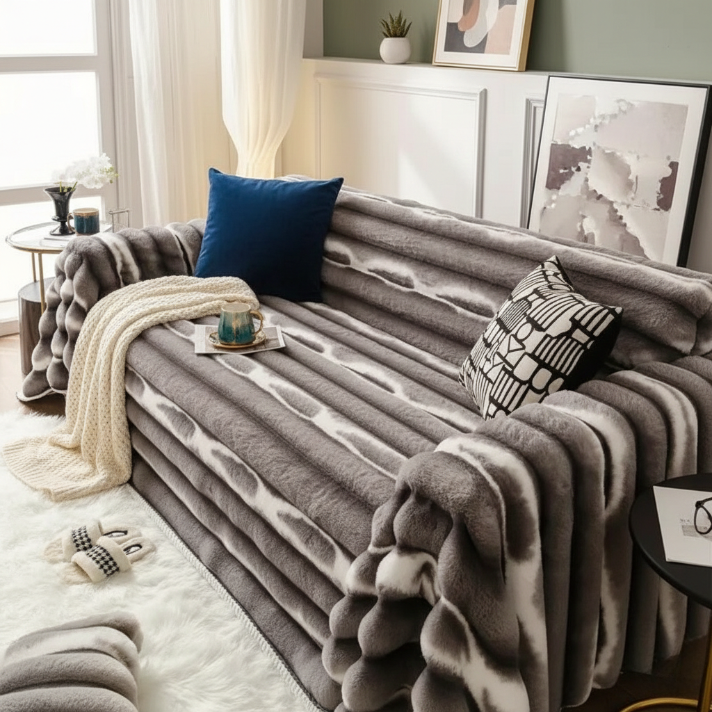 Velvet Faux Fur Couch Cover – Soft Rabbit Fur Feel Sofa Cover