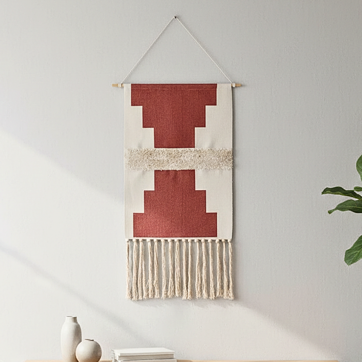 Macrame Fringe Wall Decor - Geometric Tufted Tapestry for Living Room