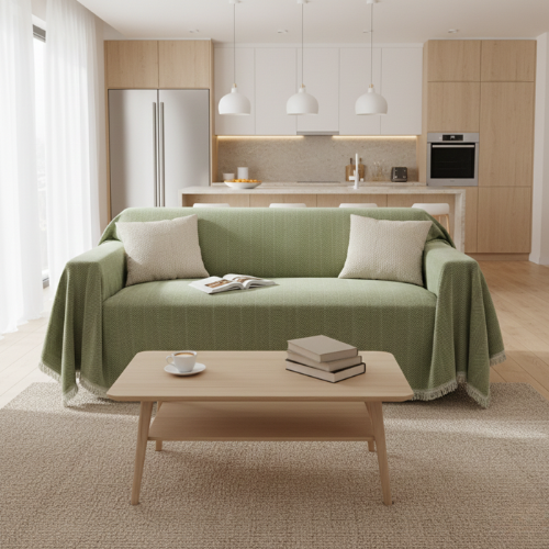 Minimal Herringbone Sofa Cover - Soft Fringe Finish