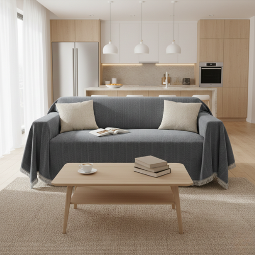 Minimal Herringbone Sofa Cover - Soft Fringe Finish