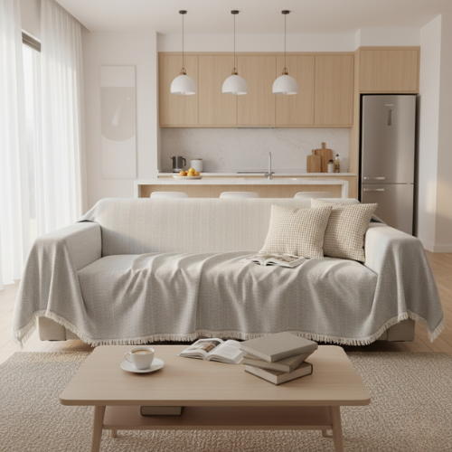 Minimal Herringbone Sofa Cover - Soft Fringe Finish