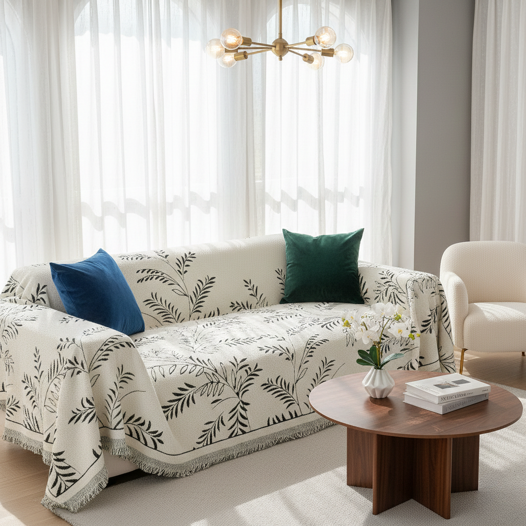 Cozy Winter Sofa Cover - Warm Botanical Pattern for Couch