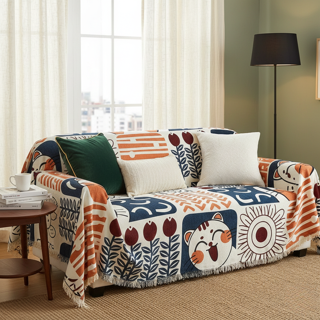 Jacquard All-Season Sofa Cover – Tassel Tide Textured Couch Cover