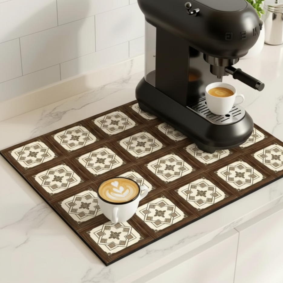 Retro Tile Design Absorbent Coffee Mat - Durable Rubber for Coffee Station