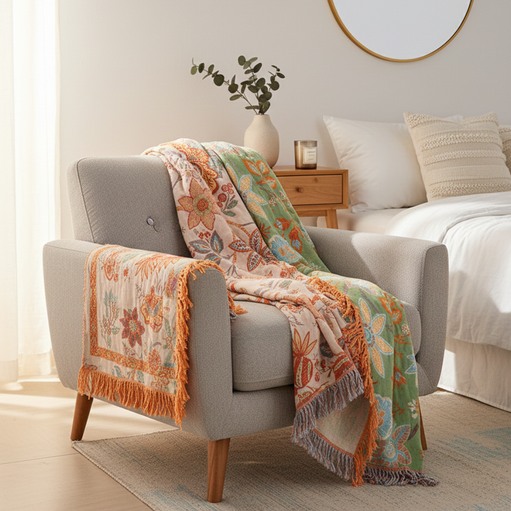Floral Pattern Boho Blanket | Cotton
