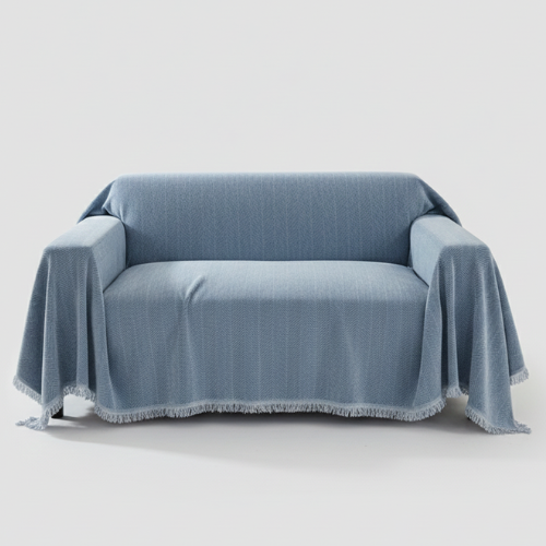 Minimal Herringbone Sofa Cover - Soft Fringe Finish