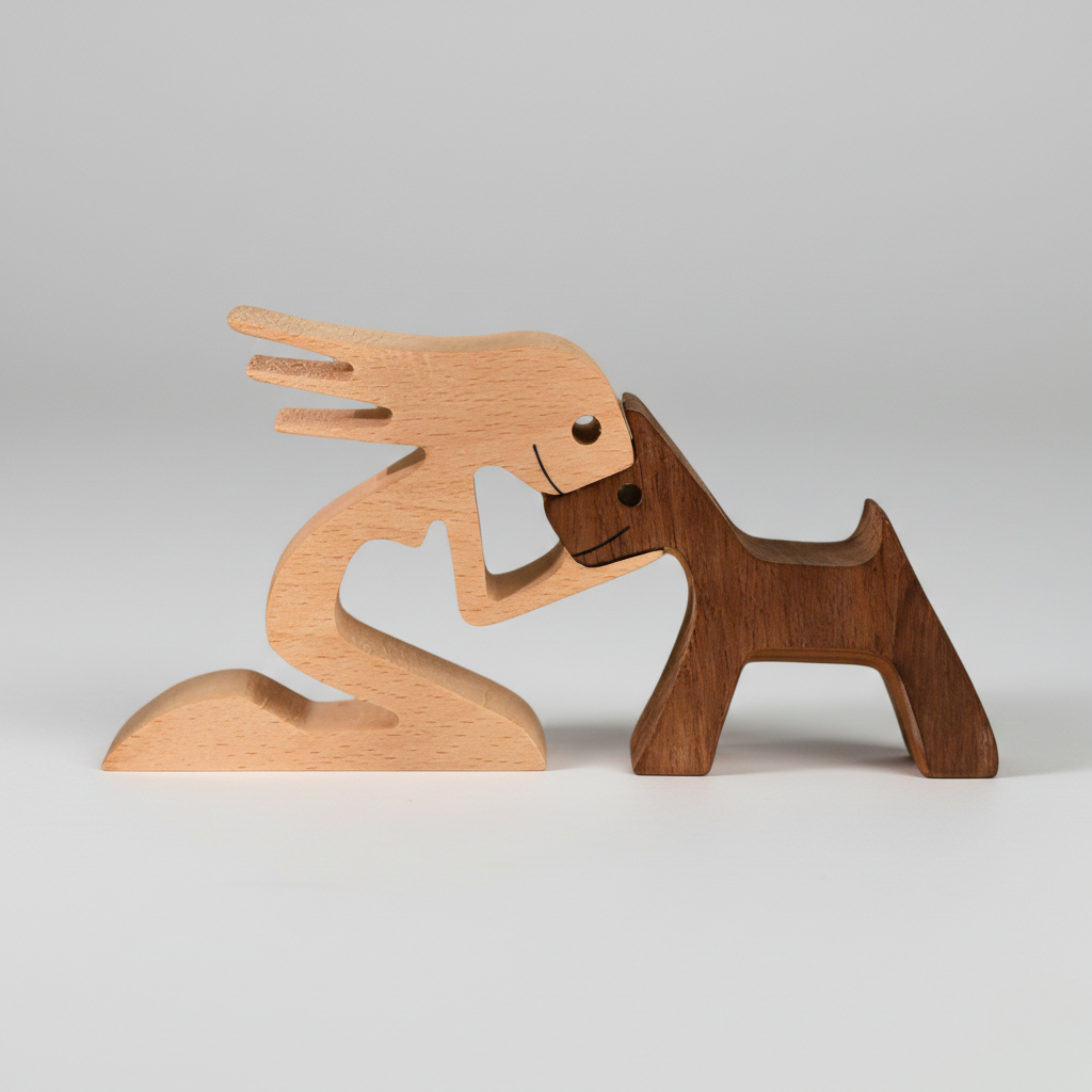 Dog and Human Paws of Love Sculpture - Handcrafted Wooden for Living Room