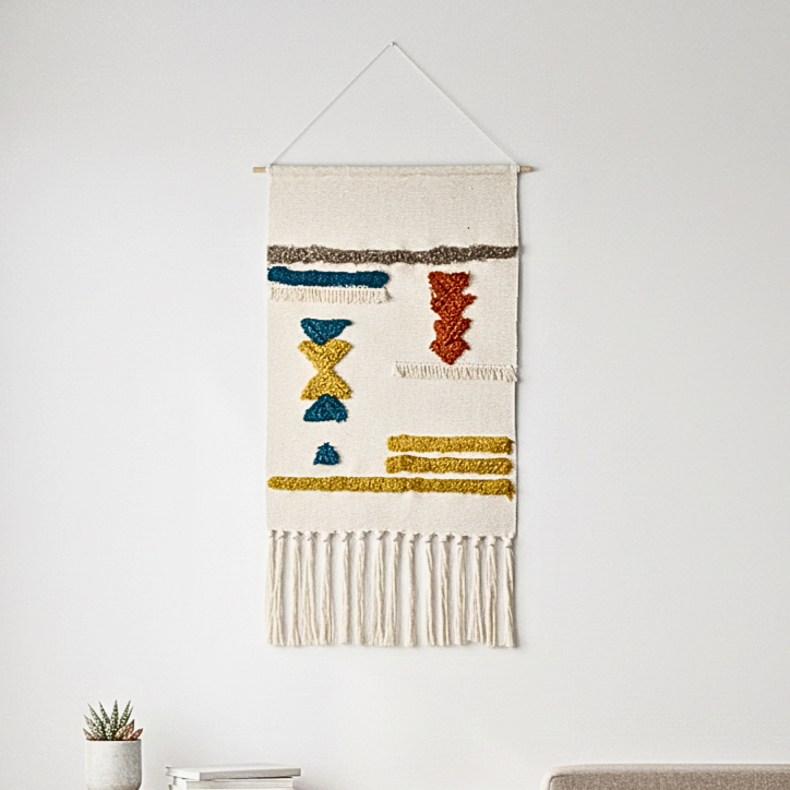 Macrame Fringe Wall Decor - Geometric Tufted Tapestry for Living Room