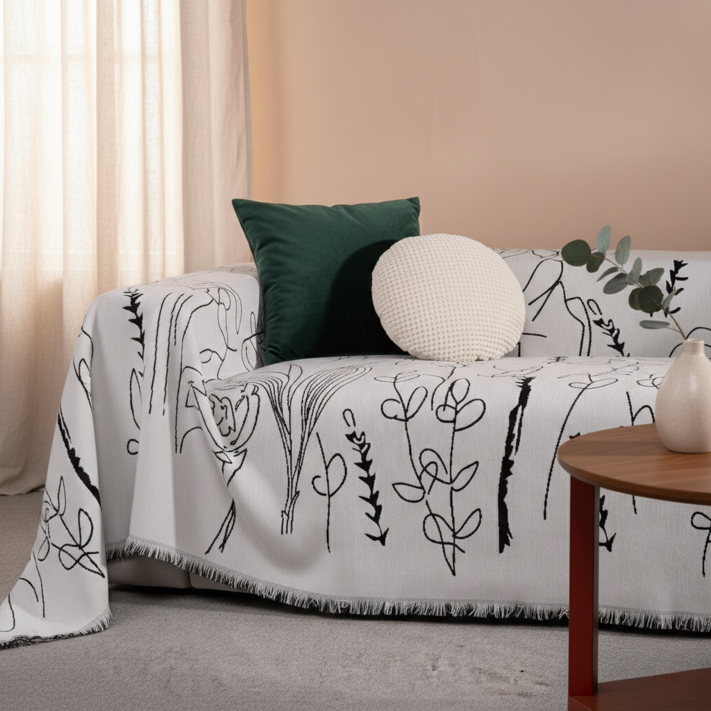 Chenille Jacquard Sofa Cover - Illustrated Reversible for Couch and Living Room