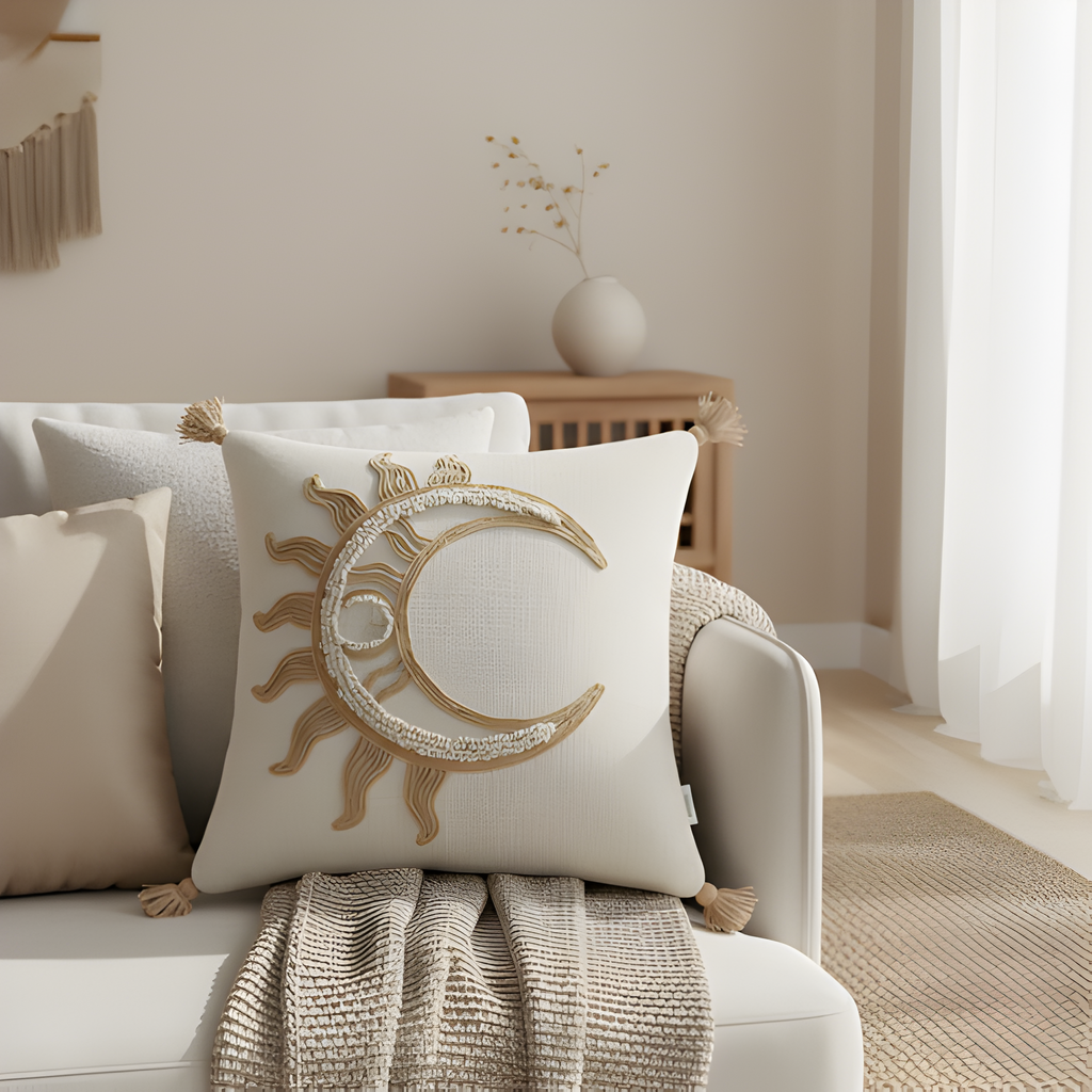 Boho Sun & Moon Pillow Cover | Neutral Tones