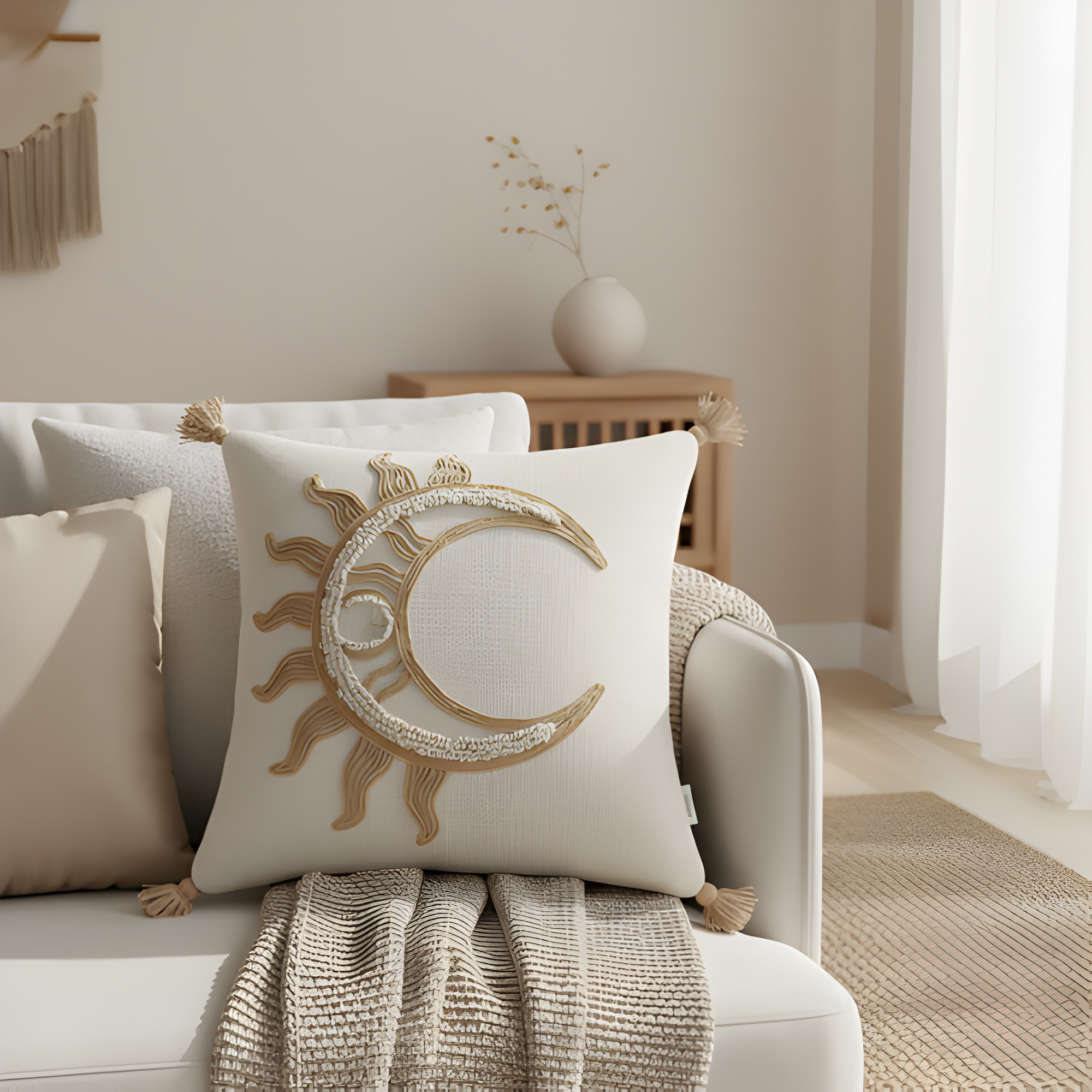 Boho Sun & Moon Pillow Cover | Neutral Tones