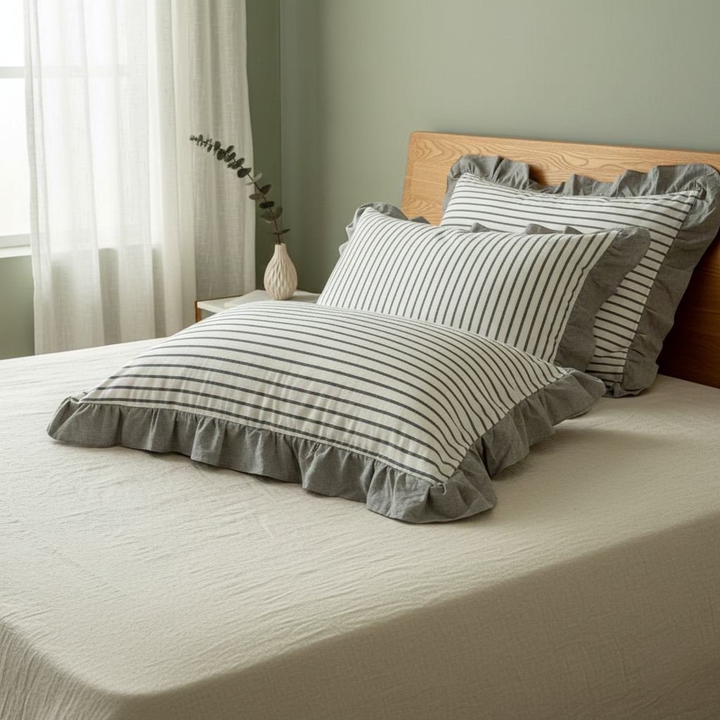 Pillowcase Set - Striped Ruffled Lace