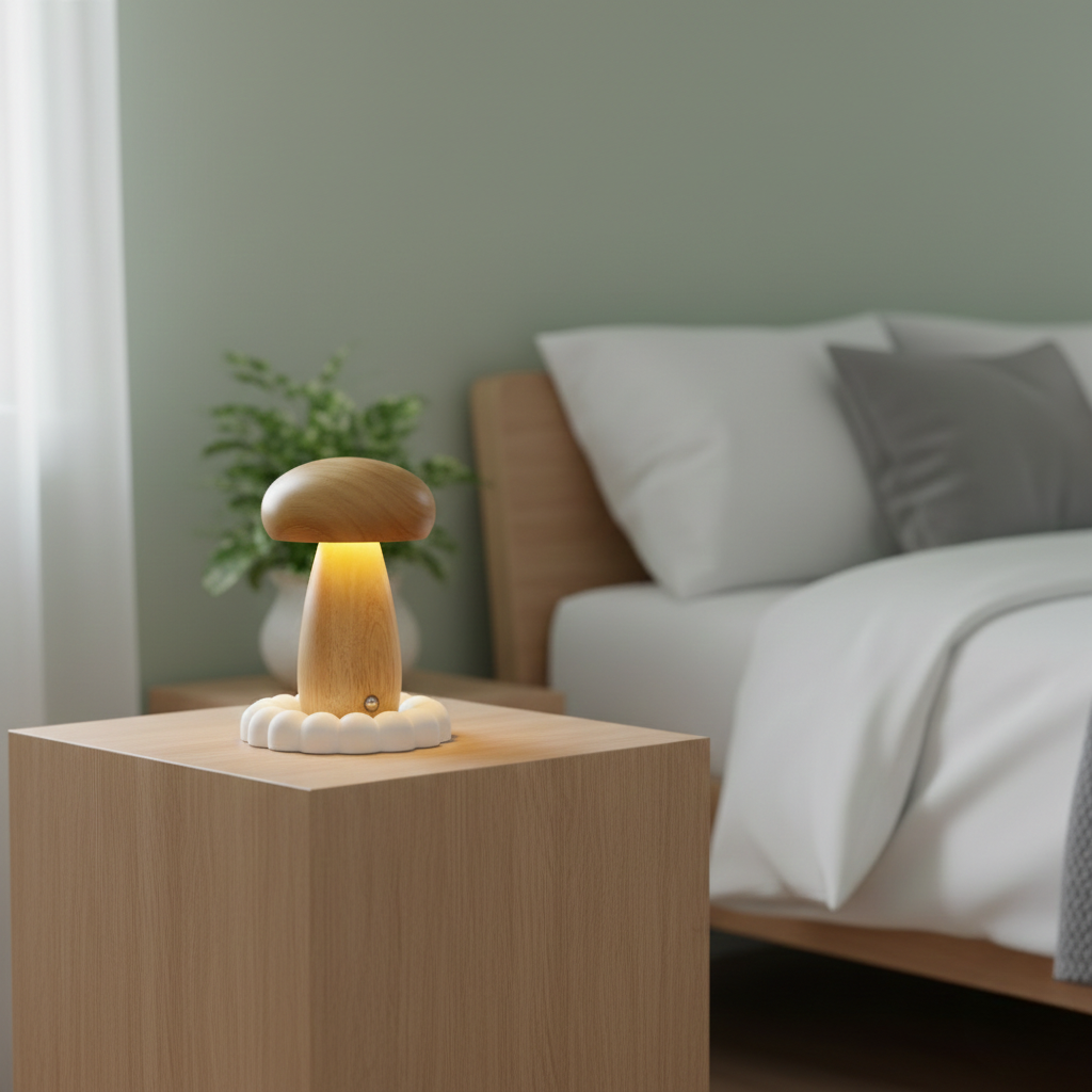 USB Rechargeable Wooden Table Lamp – Mushroom Design