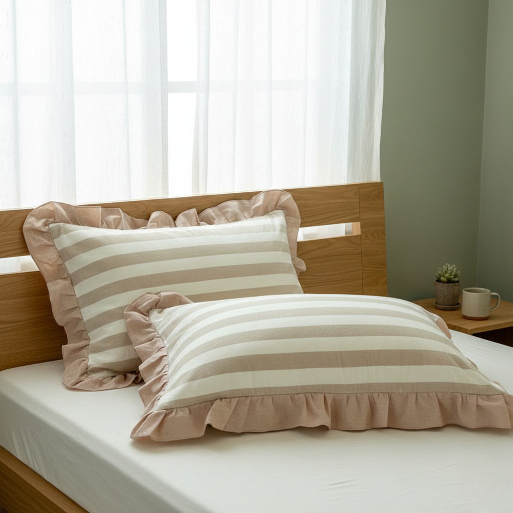 Pillowcase Set - Striped Ruffled Lace