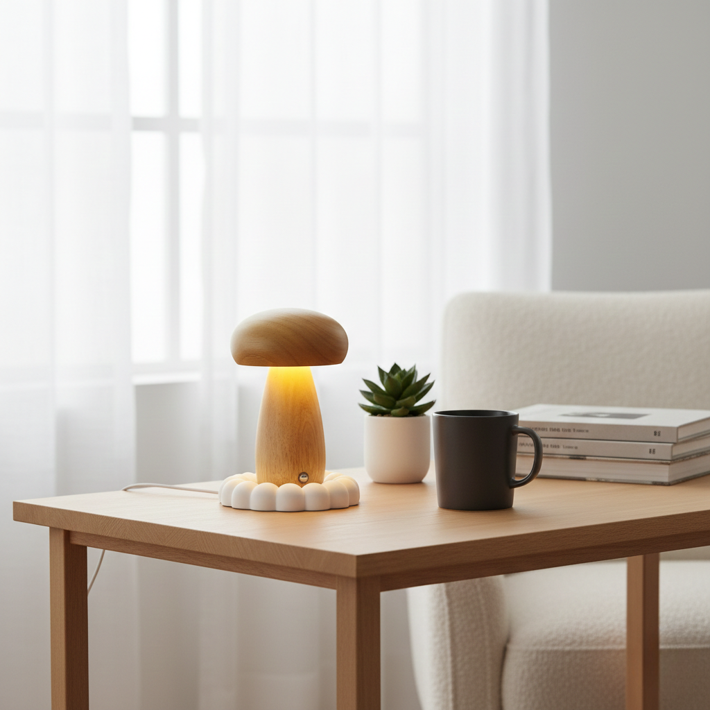 USB Rechargeable Wooden Table Lamp – Mushroom Design
