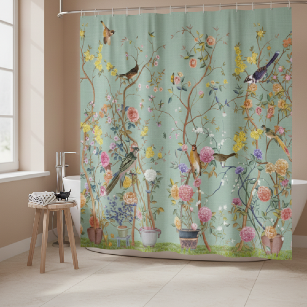 Vintage Shower Curtain - Floral & Songbird Pattern