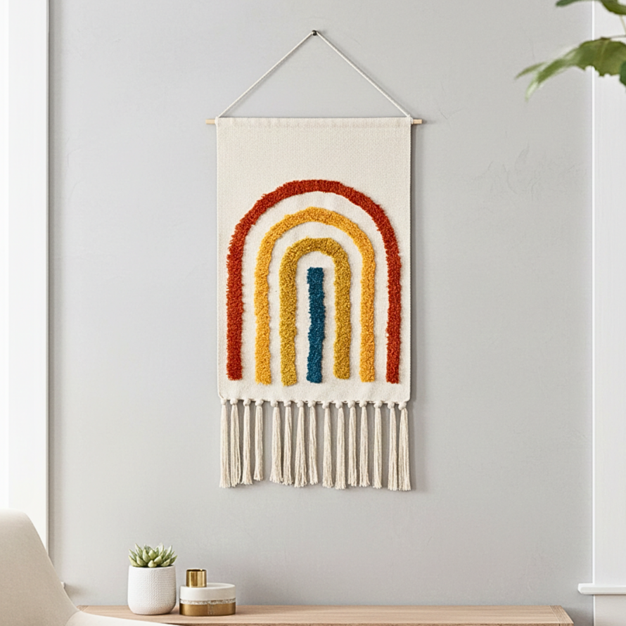 Macrame Fringe Wall Decor - Geometric Tufted Tapestry for Living Room