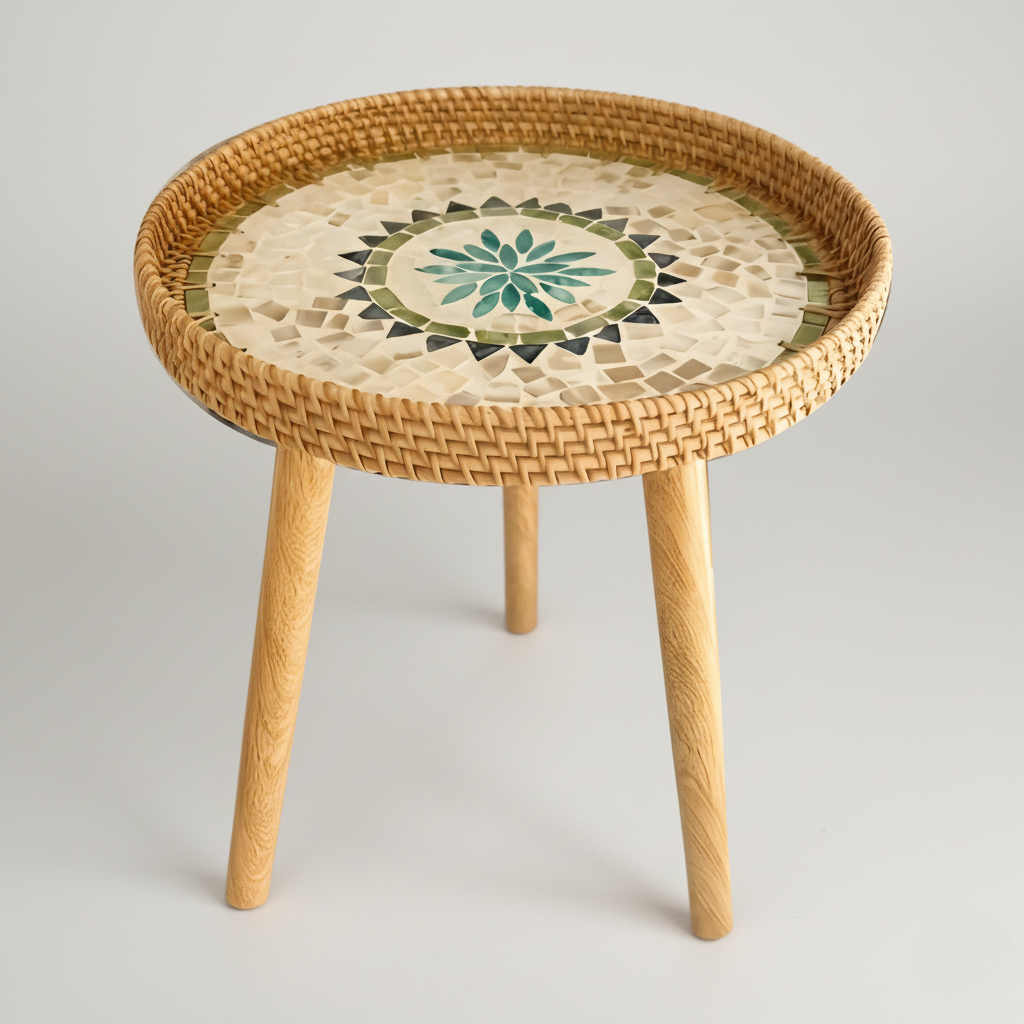 Scandi Wooden Coffee Table - Handmade Round Rattan for Living Room