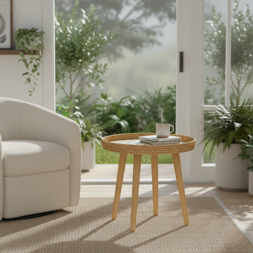 Scandi Wooden Coffee Table - Handmade Round Rattan for Living Room