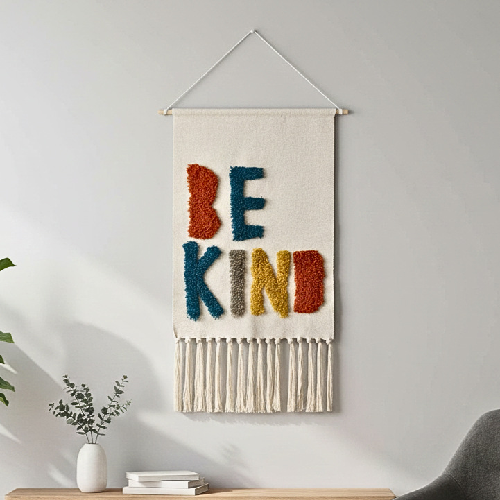 Macrame Fringe Wall Decor - Geometric Tufted Tapestry for Living Room