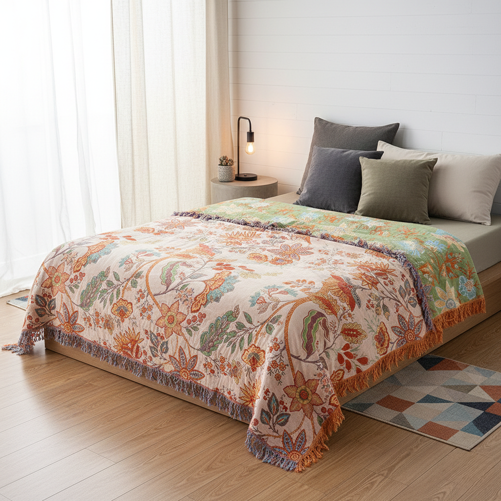 Rustic Floral Boho Blanket - Pure Cotton With Zero Synthetic Fibres for Bedroom