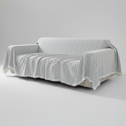 Minimal Herringbone Sofa Cover - Soft Fringe Finish