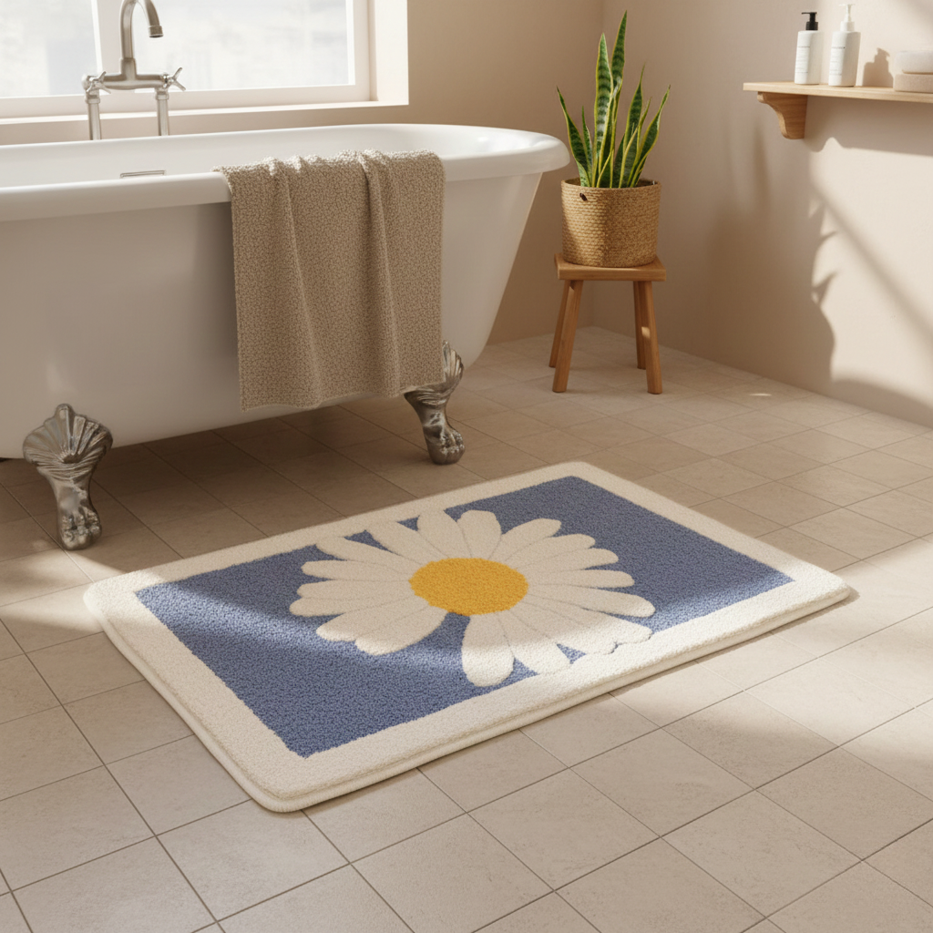 Plush Floral Bath Mat – Absorbent Soft Bathroom Floor Rug