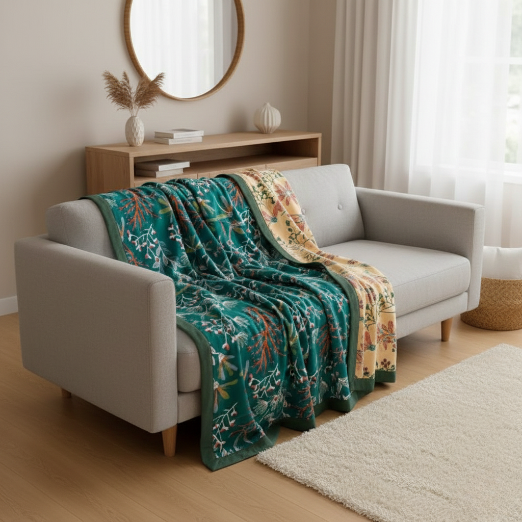 Cotton Floral Throw Blanket – Soft Lightweight Blanket for Sofa & Bed