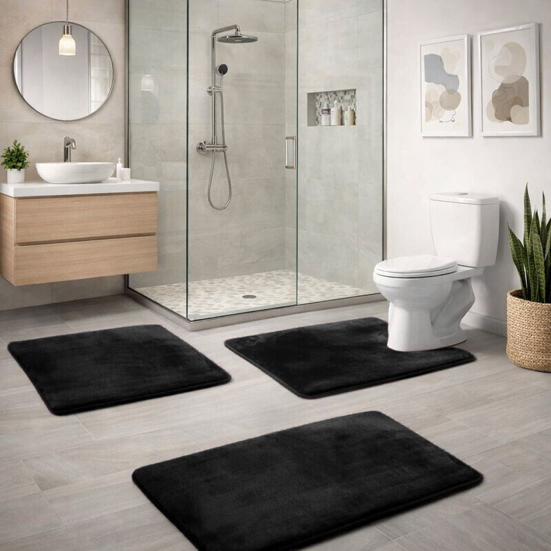 3-Piece Bath Mat Set – Velvet Memory Foam Non-Slip Bathroom Rugs