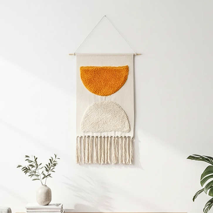 Macrame Fringe Wall Decor - Geometric Tufted Tapestry for Living Room