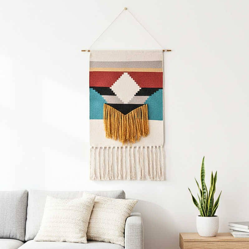 Macrame Fringe Wall Decor - Geometric Tufted Tapestry for Living Room