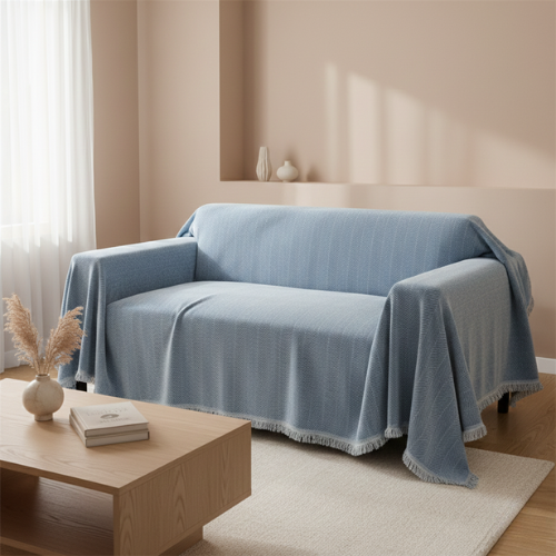 Minimal Herringbone Sofa Cover - Soft Fringe Finish