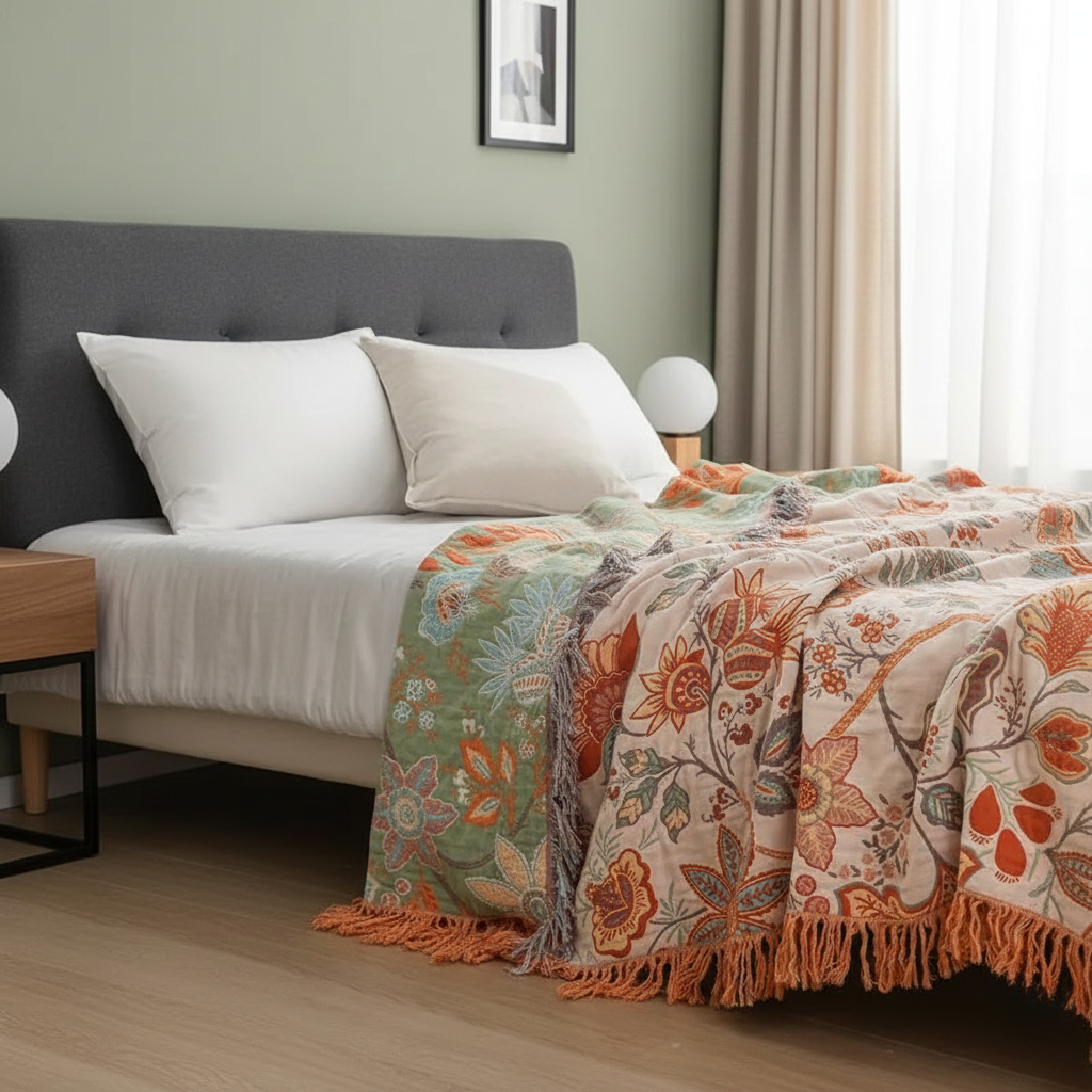 Rustic Floral Boho Blanket - Pure Cotton With Zero Synthetic Fibres for Bedroom