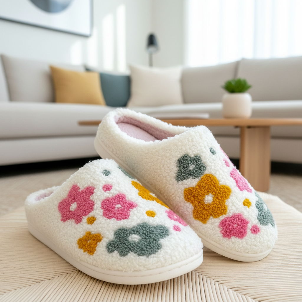 Livia Flower Slippers - Plush Faux Fur Lining for Women