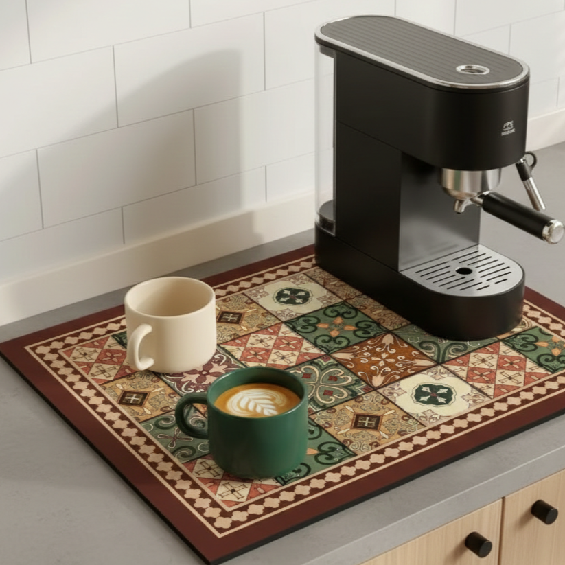 Retro Tile Design Absorbent Coffee Mat - Durable Rubber for Coffee Station