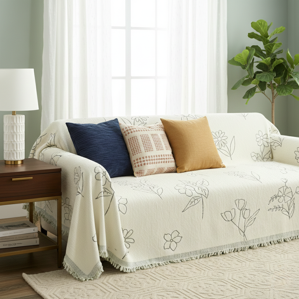 Cozy Winter Florals Sofa Cover - Soft Chenille Fabric for Couch and Living Room (71x134)
