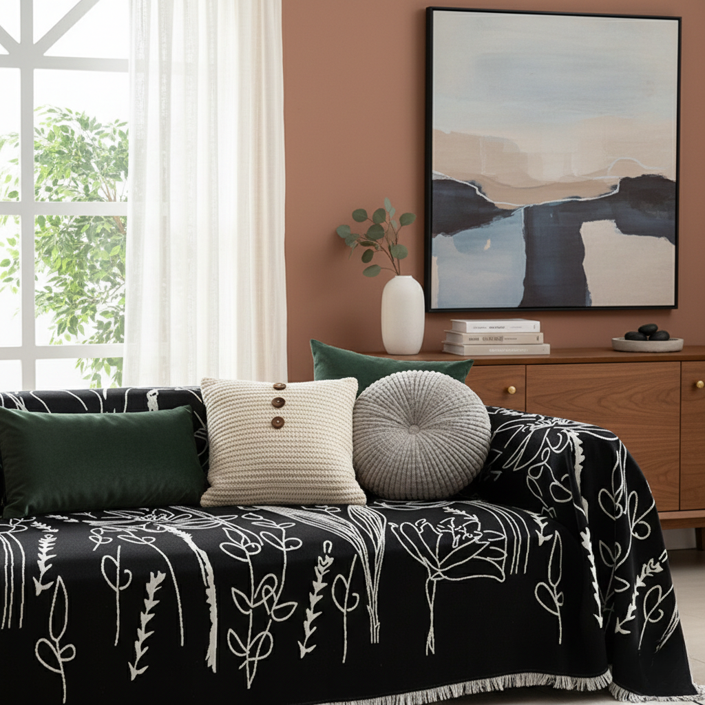 Chenille Jacquard Sofa Cover - Illustrated Reversible for Couch and Living Room