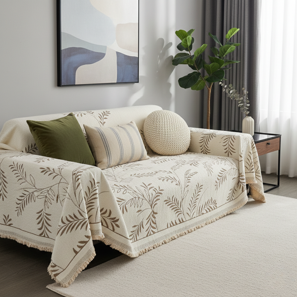 Cozy Winter Sofa Cover - Warm Botanical Pattern for Couch
