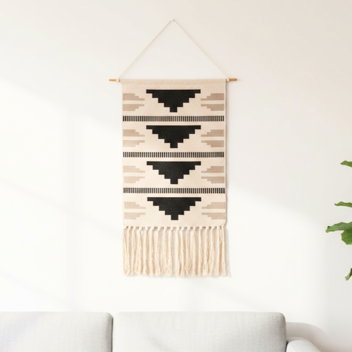 Macrame Fringe Wall Decor - Geometric Tufted Tapestry for Living Room