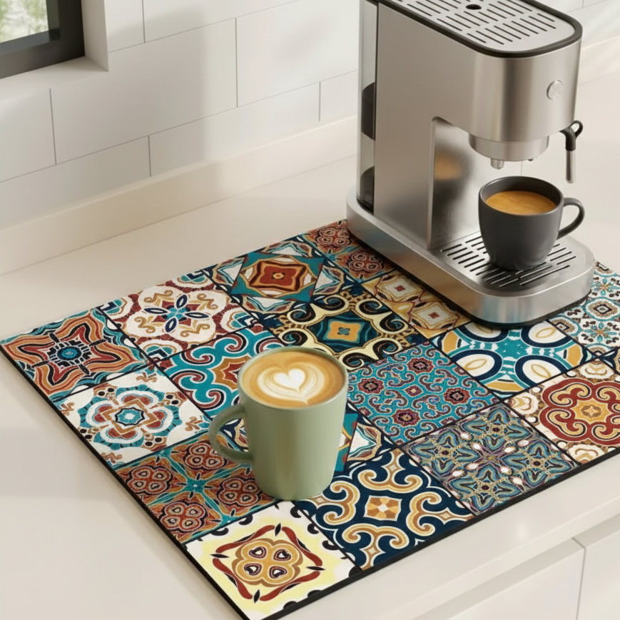 Retro Tile Design Absorbent Coffee Mat - Durable Rubber for Coffee Station