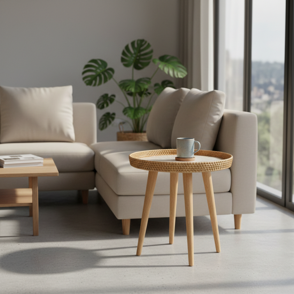 Scandi Wooden Coffee Table - Handmade Round Rattan for Living Room