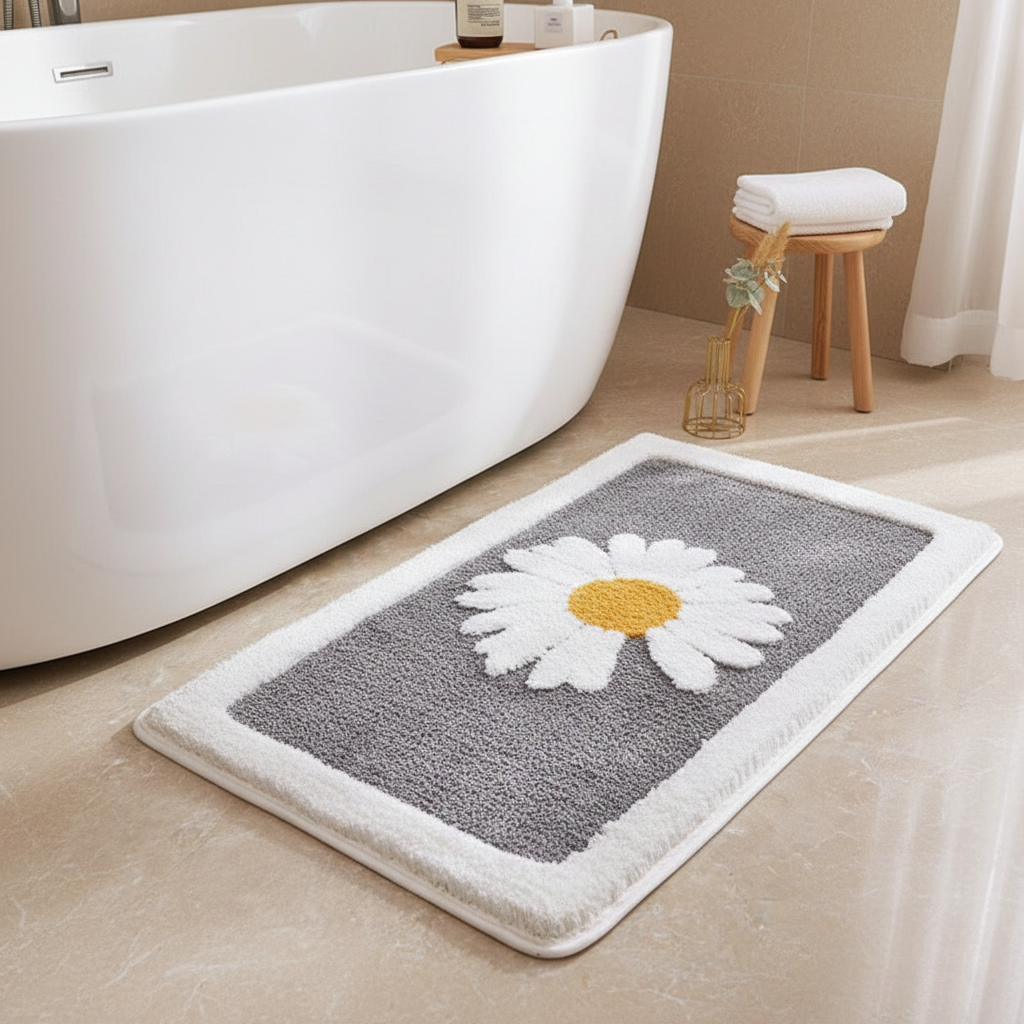 Plush Floral Bath Mat – Absorbent Soft Bathroom Floor Rug
