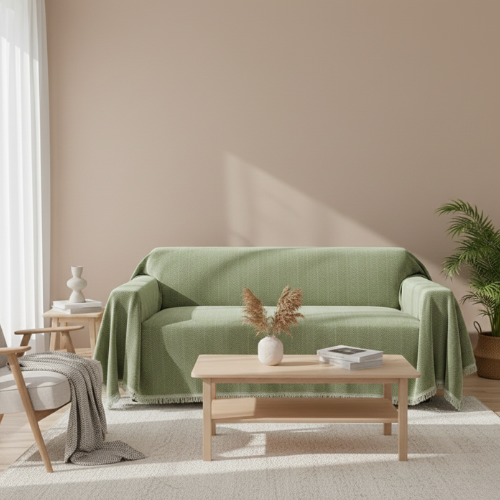 Minimal Herringbone Sofa Cover - Soft Fringe Finish