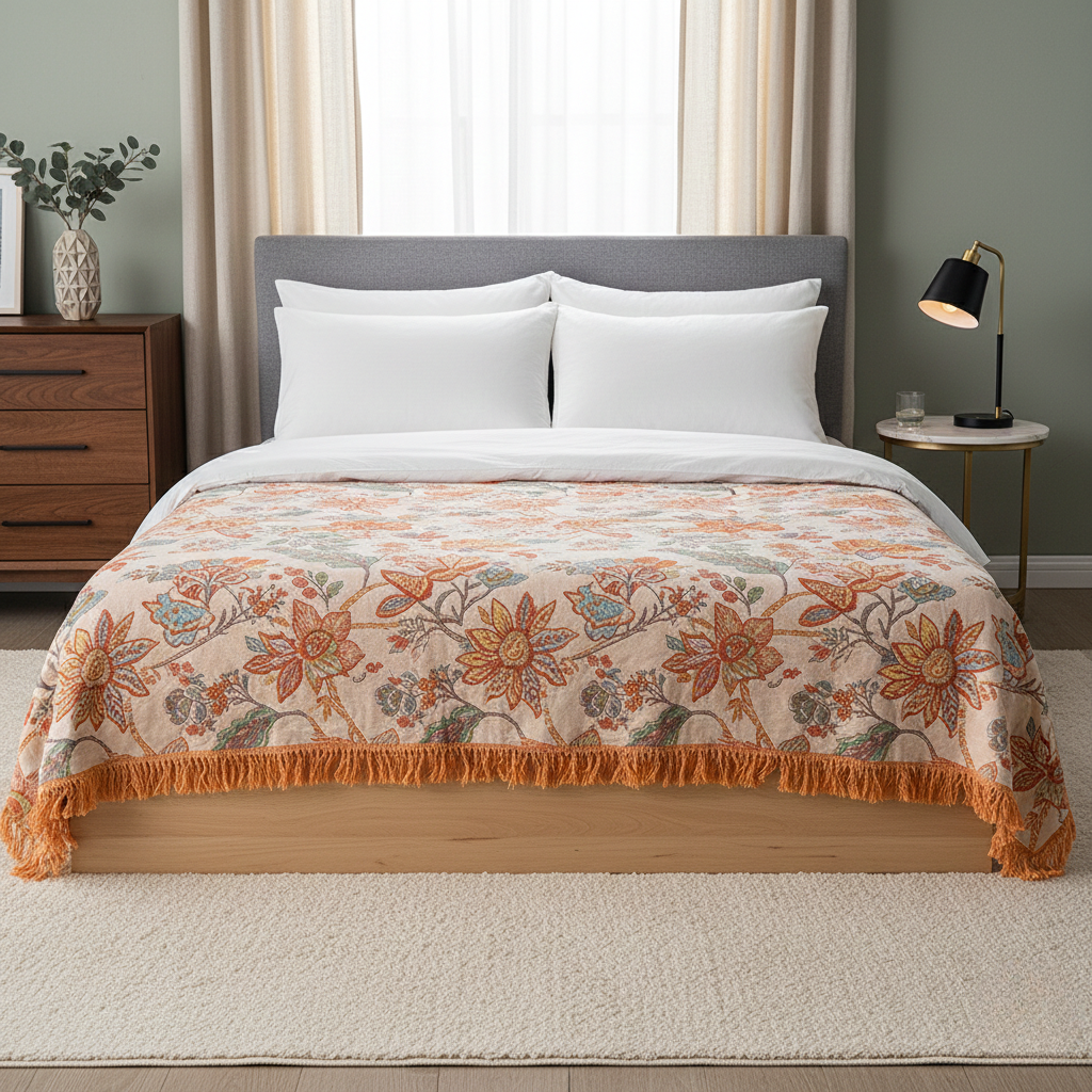 Rustic Floral Boho Blanket - Pure Cotton With Zero Synthetic Fibres for Bedroom