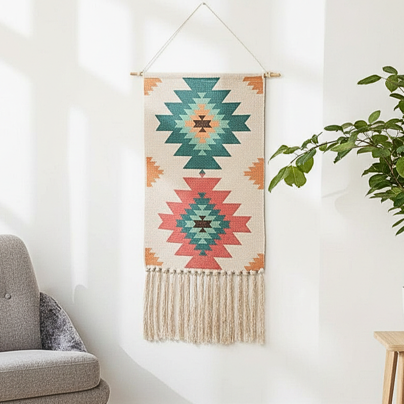 Macrame Fringe Wall Decor - Geometric Tufted Tapestry for Living Room