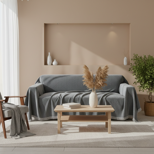 Minimal Herringbone Sofa Cover - Soft Fringe Finish