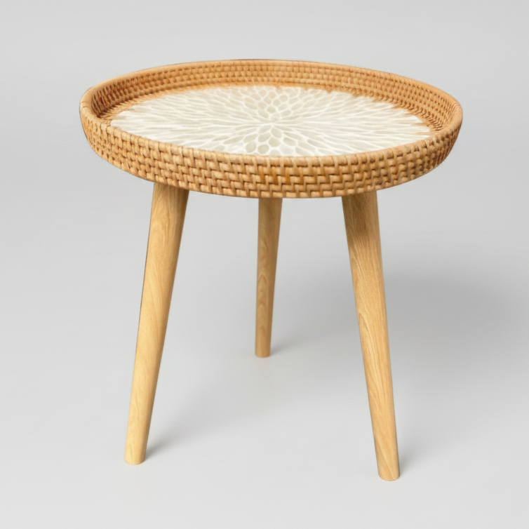 Scandi Wooden Coffee Table - Handmade Round Rattan for Living Room
