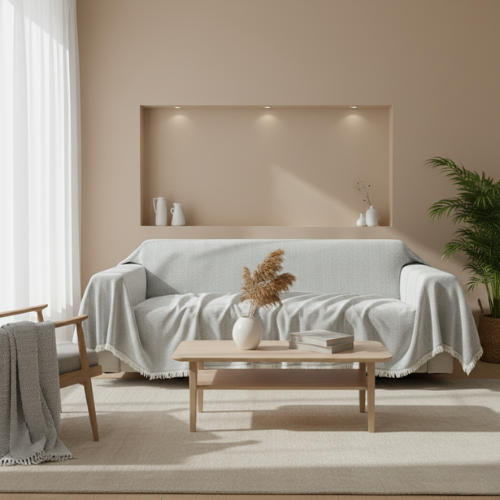 Minimal Herringbone Sofa Cover - Soft Fringe Finish