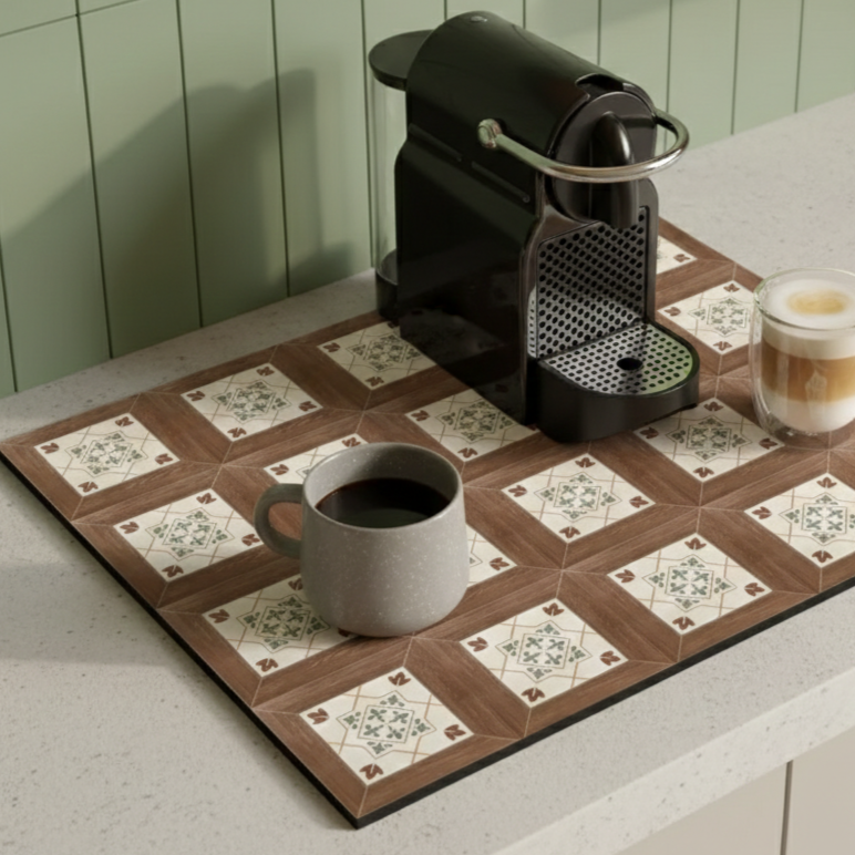 Retro Tile Design Absorbent Coffee Mat - Durable Rubber for Coffee Station